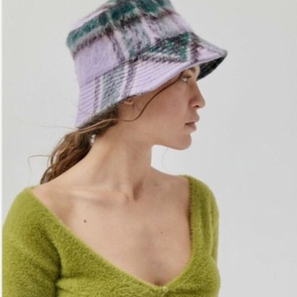 Urban Outfitters Soft Plaid Fuzzy Bucket Hat